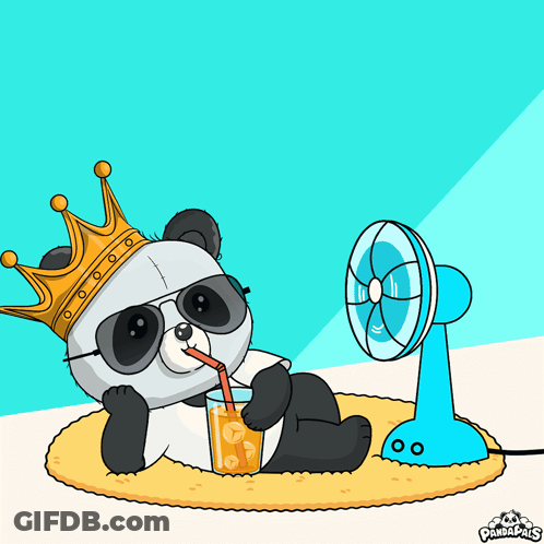 A Cartoon Of A Panda Bear Wearing A Crown Drinking A Drink Next To A Fan GIF