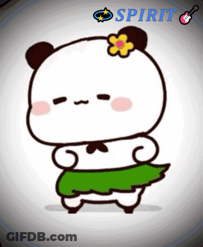 A Cartoon Of A Panda Bear Wearing A Green Skirt And A Flower On Its Head With The Words Spirit Above It GIF