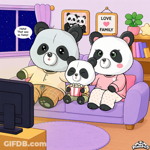 A Cartoon Of A Panda Family Sitting On A Couch Watching Tv GIF