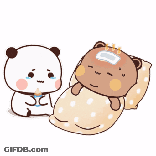 A Cartoon Of A Panda Holding A Bottle Next To A Bear Laying In Bed GIF