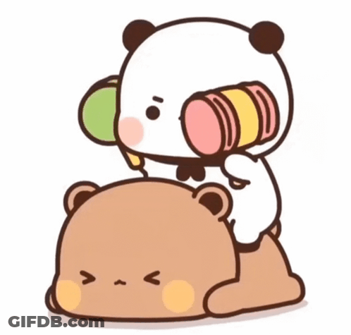 A Cartoon Of A Panda Holding A Can On Top Of Another Bear GIF