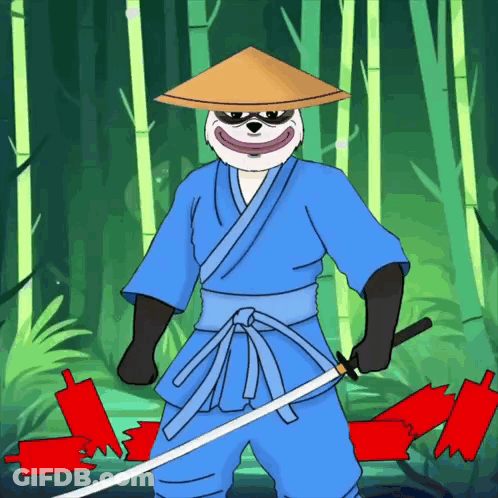 A Cartoon Of A Panda Holding A Sword And Wearing A Hat GIF