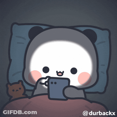 A Cartoon Of A Panda Laying In Bed Looking At A Cellphone GIF