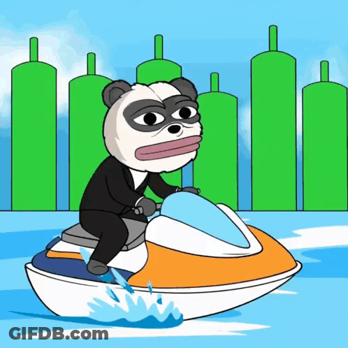 A Cartoon Of A Panda Riding A Jet Ski In The Water GIF