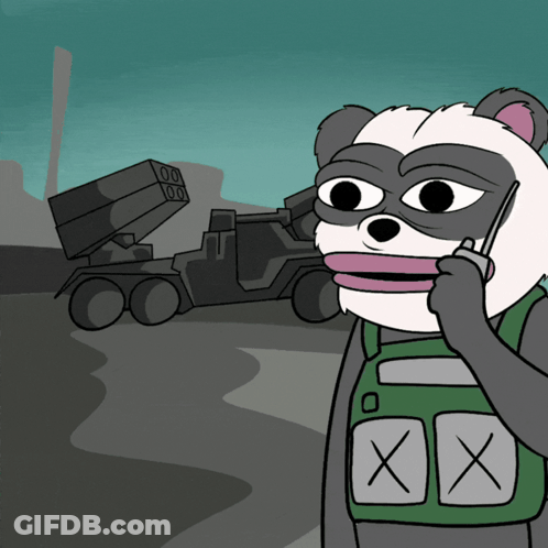 Cartoon Panda Talking On Cell Phone With Military Vehicle GIF