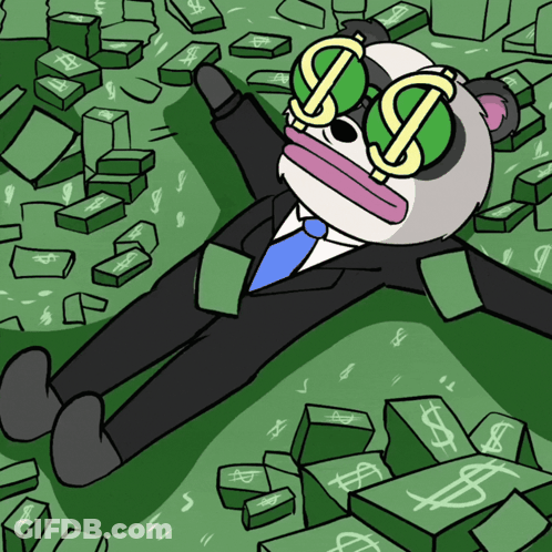Cartoon Panda In Suit Laying On Money GIF