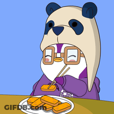 A Cartoon Of A Panda Wearing Glasses And A Hat Eating A Plate Of Food With Chopsticks GIF