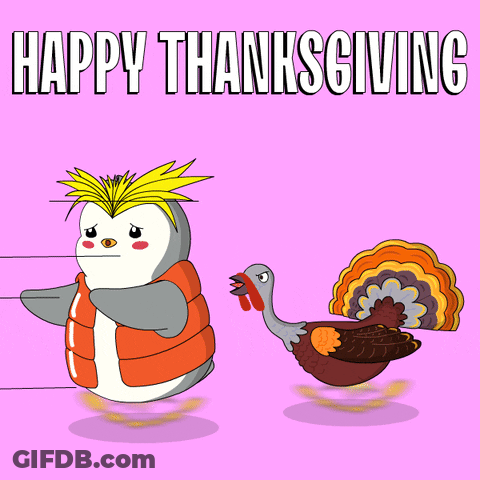 A Cartoon Of A Penguin And A Turkey With The Words Happy Thanksgiving Below Them GIF