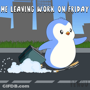 A Cartoon Of A Penguin Carrying A Briefcase With The Words " He Leaving Work On Friday " GIF