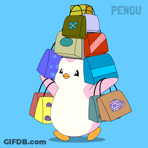 A Cartoon Of A Penguin Carrying A Stack Of Shopping Bags Under The Word Pengu GIF