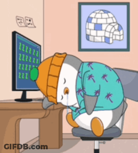 A Cartoon Of A Penguin Crying In Front Of A Computer Screen GIF