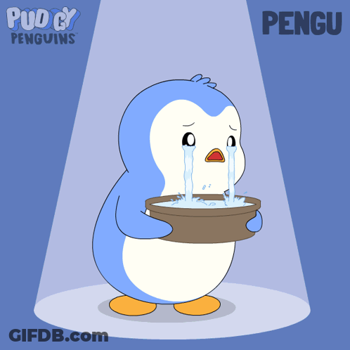 A Cartoon Of A Penguin Crying While Holding A Bowl Of Water With The Name Pengu On The Bottom GIF
