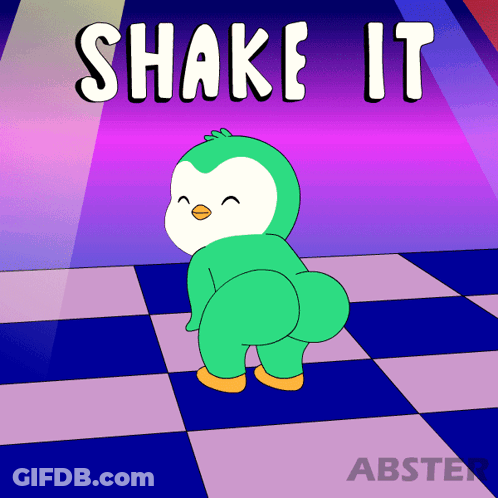 A Cartoon Of A Penguin Dancing With The Words Shake It Behind Him GIF