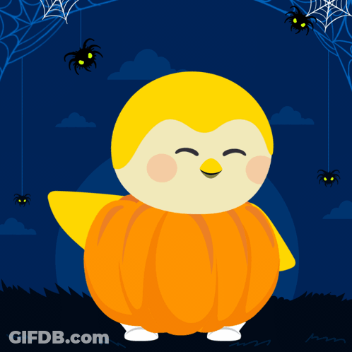 A Cartoon Of A Penguin Dressed As A Pumpkin GIF