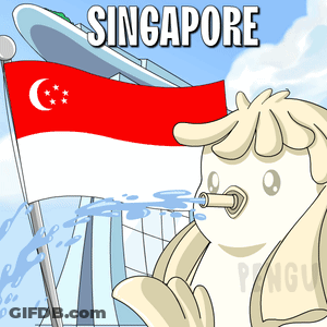 A Cartoon Of A Penguin Drinking Water From A Pipe In Front Of A Flag That Says Singapore GIF