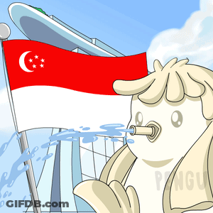 A Cartoon Of A Penguin Drinking Water With A Singapore Flag Behind It GIF