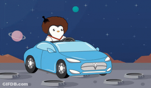 A Cartoon Of A Penguin Driving A Blue Car GIF