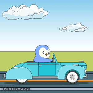 A Cartoon Of A Penguin Driving A Blue Convertible Car GIF