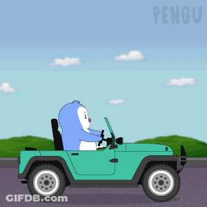 A Cartoon Of A Penguin Driving A Car With The Word Pengu On The Bottom Right GIF