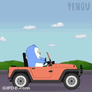 A Cartoon Of A Penguin Driving A Car With The Word Pengu On The Bottom Right GIF