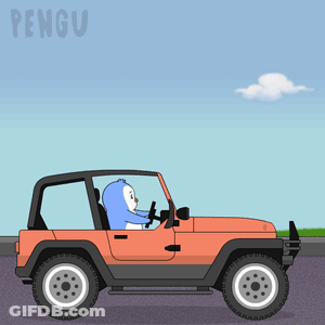 A Cartoon Of A Penguin Driving A Jeep With The Word Pengu On The Bottom GIF