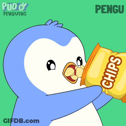 A Cartoon Of A Penguin Eating A Bag Of Chips With The Name Pengu On The Bottom GIF