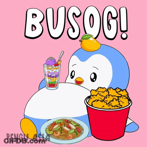 A Cartoon Of A Penguin Eating A Bucket Of Chicken And A Glass Of Ice Cream With The Word Busog Above It GIF