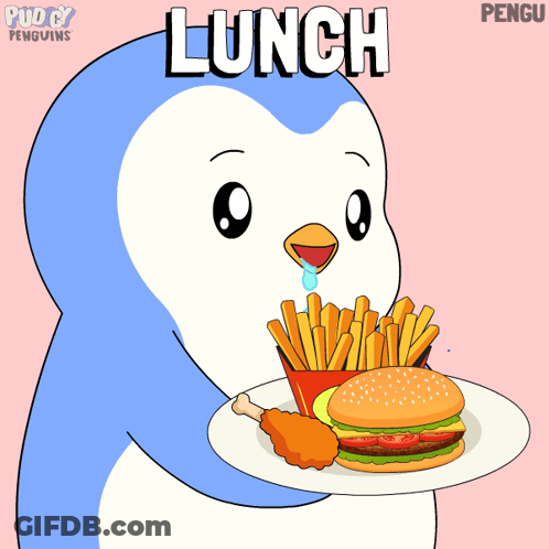 A Cartoon Of A Penguin Eating A Hamburger And French Fries From A Plate GIF