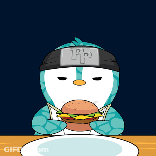 A Cartoon Of A Penguin Eating A Hamburger With A Flashlight On His Head GIF