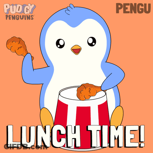 A Cartoon Of A Penguin Eating A Kfc Chicken Leg With The Words Lunch Time Below It GIF