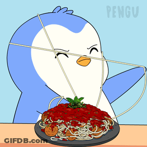 A Cartoon Of A Penguin Eating Spaghetti With The Word Pengu On The Bottom Right GIF