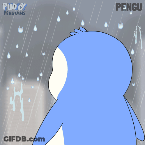 A Cartoon Of A Penguin Fishing In A River With The Word Pengu Below It GIF
