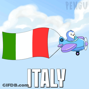 A Cartoon Of A Penguin Flying A Plane With The Flag Of Italy In The Background GIF