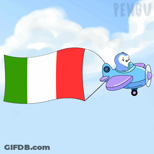 A Cartoon Of A Penguin Flying A Small Plane With An Italian Flag Attached To It GIF