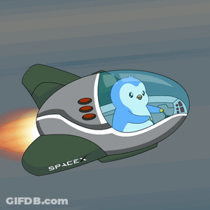 A Cartoon Of A Penguin Flying In A Space Shuttle GIF