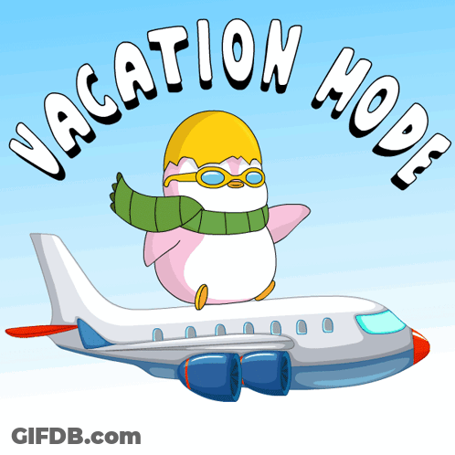 A Cartoon Of A Penguin Flying On Top Of An Airplane With The Words " Vacation Mode " Below It GIF