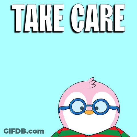 A Cartoon Of A Penguin Giving A Thumbs Up With The Words Take Care Above It GIF