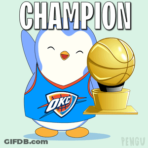 A Cartoon Of A Penguin Holding A Basketball Trophy That Says Champion GIF