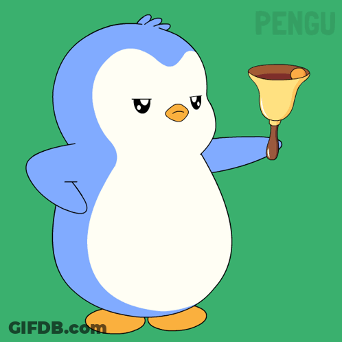 A Cartoon Of A Penguin Holding A Bell With The Word Shame Behind Him GIF