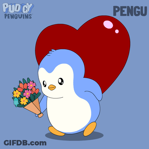 Penguin Holding Flowers And Heart GIF