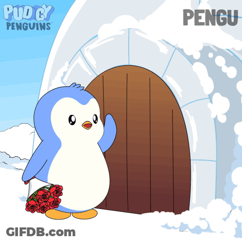 A Cartoon Of A Penguin Holding A Bouquet Of Red Roses In Front Of An Igloo GIF
