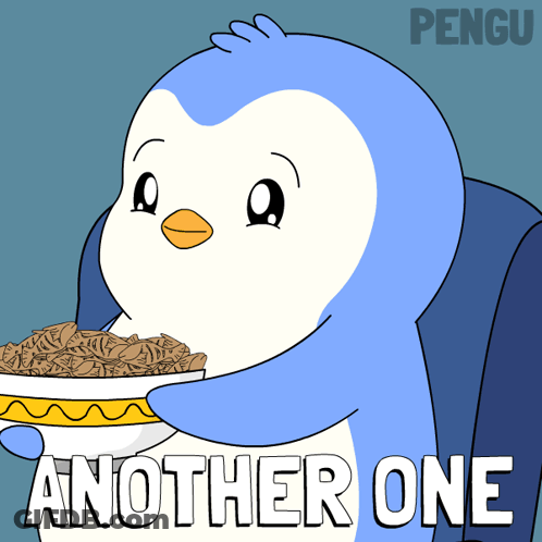 A Cartoon Of A Penguin Holding A Bowl Of Cereal With Another One Written Below It GIF