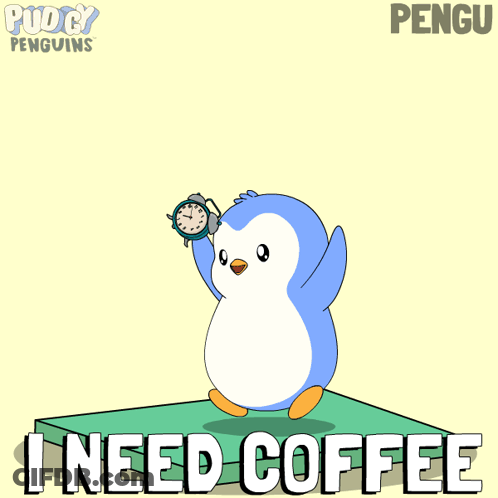 A Cartoon Of A Penguin Holding A Clock And The Words " I Need Coffee " GIF