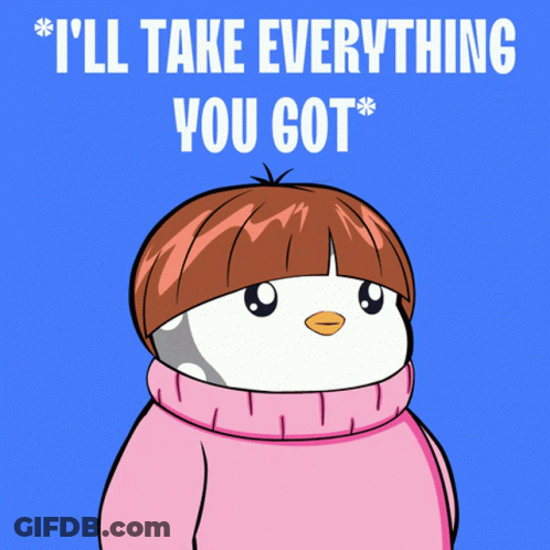 A Cartoon Of A Penguin Holding A Credit Card With The Words " I 'Ll Take Everything You Got " GIF