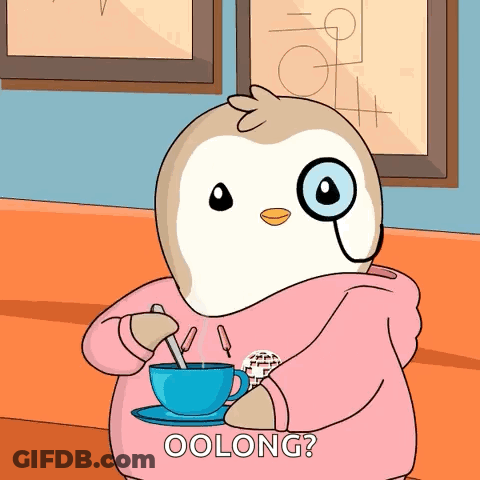 A Cartoon Of A Penguin Holding A Cup Of Coffee With The Words Oolong On The Bottom Right GIF