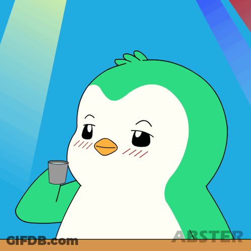 A Cartoon Of A Penguin Holding A Cup With The Word Aster On The Bottom Right GIF