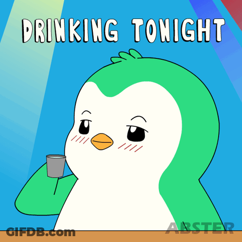 A Cartoon Of A Penguin Holding A Cup With The Words Drinking Tonight Above It GIF