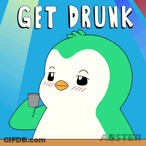 A Cartoon Of A Penguin Holding A Cup With The Words Get Drunk Below It GIF