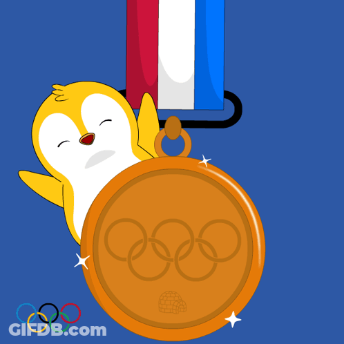 A Cartoon Of A Penguin Holding A Gold Medal With The Olympic Rings On It GIF