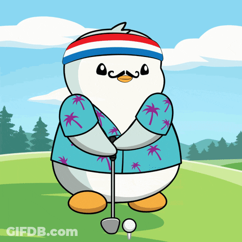 A Cartoon Of A Penguin Holding A Golf Club And A Golf Ball GIF